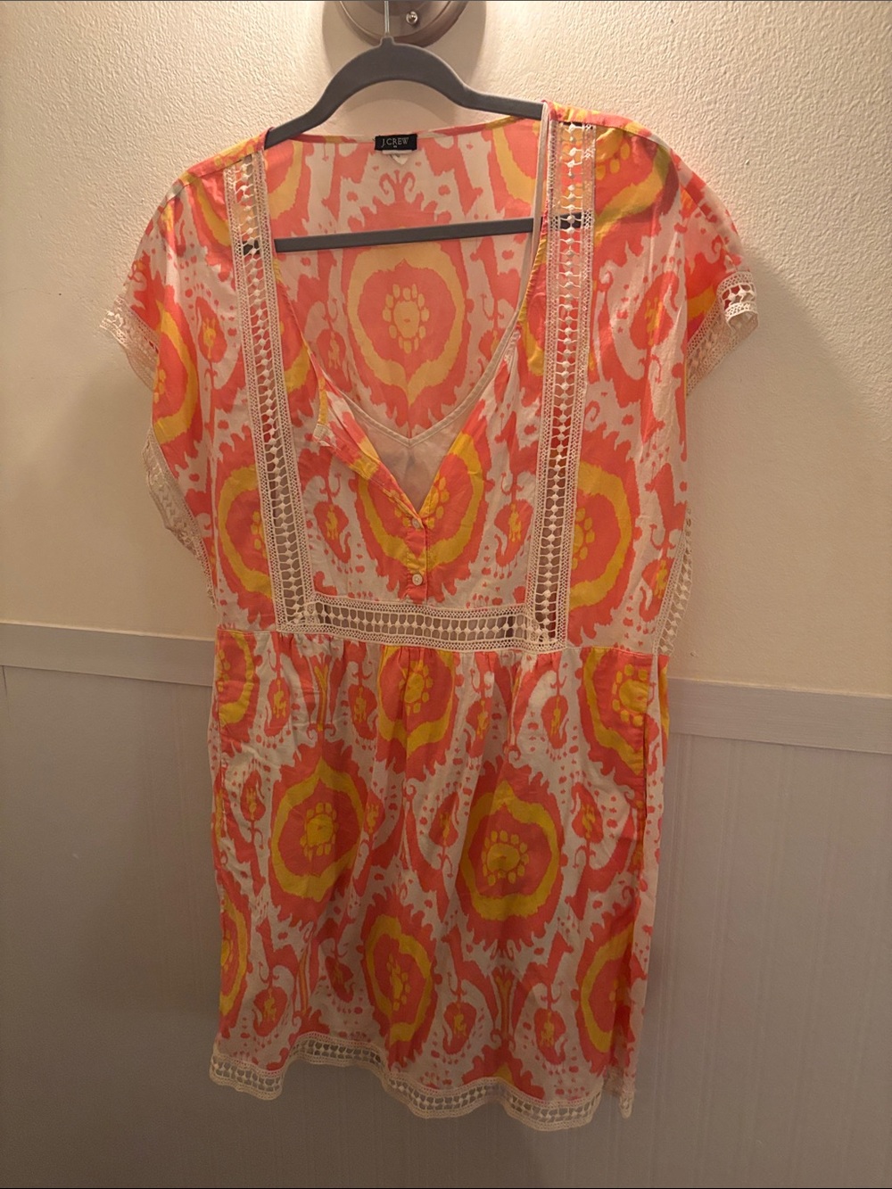 J. Crew Factory Coral and Yellow Ikat Lace-Trim Mini Dress